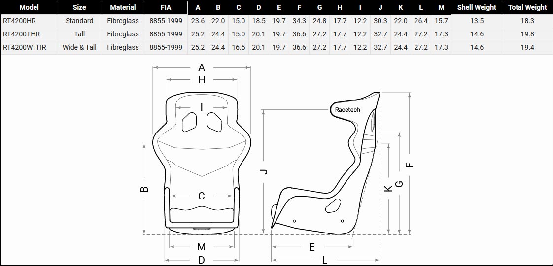 Racetech RT4200 Size Chart