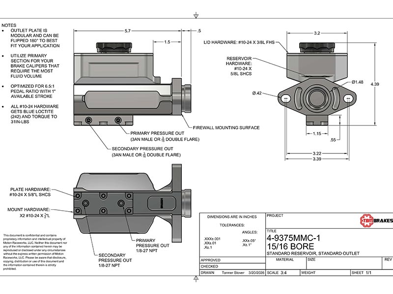 TBM Master Cylinder w/ Reservoir Drawing