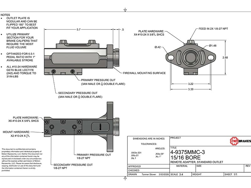 TBM Master Cylinder Remote Reservoir Top Drawing