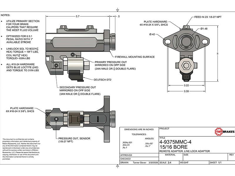 TBM Master Cylinder Remote Reservoir Top & LineLock Drawing